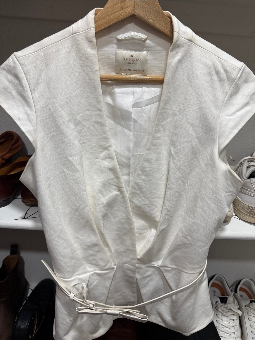 kate spade White Sleeveless Wrap Blouse with Self-Tie Belt